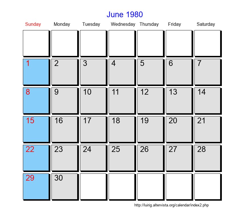 June 1980 Roman Catholic Saints Calendar