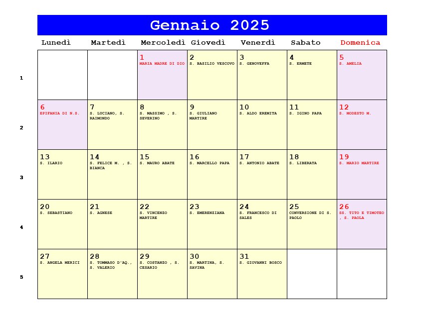 Calendario da stampare Gennaio 2025