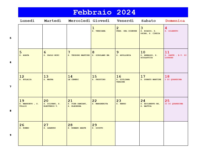 Calendario da stampare Febbraio 2024