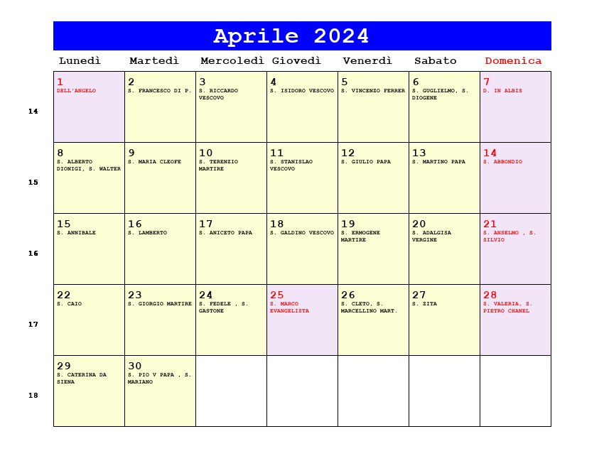 Calendario da stampare Aprile 2024