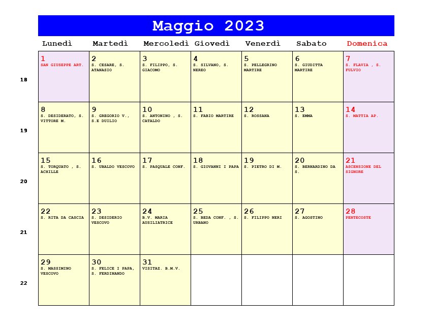 Calendario da stampare Maggio 2023