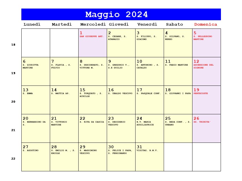 Calendario da stampare Maggio 2024