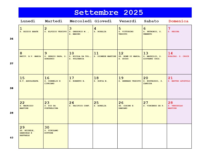 Calendario da stampare Settembre 2025