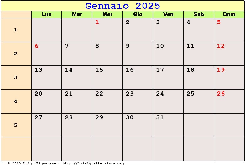 Calendario da stampare Gennaio 2025
