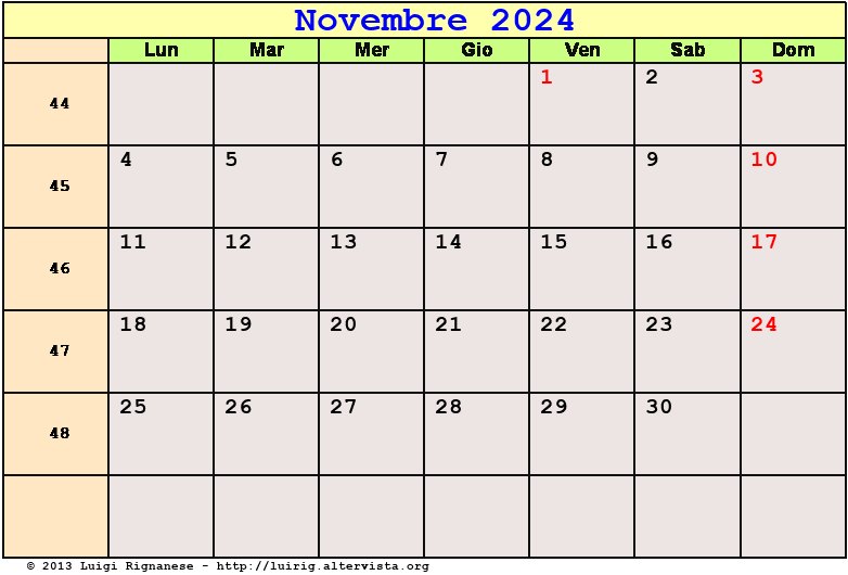 Calendario da stampare Novembre 2024