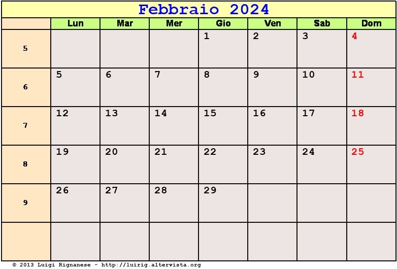 Calendario da stampare Febbraio 2024