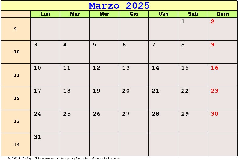 Calendario da stampare Marzo 2025