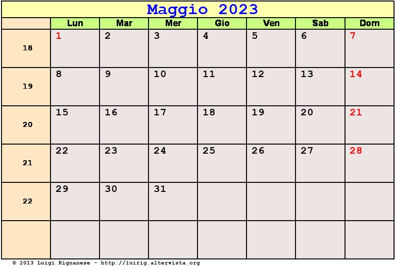 Calendario da stampare Maggio 2023