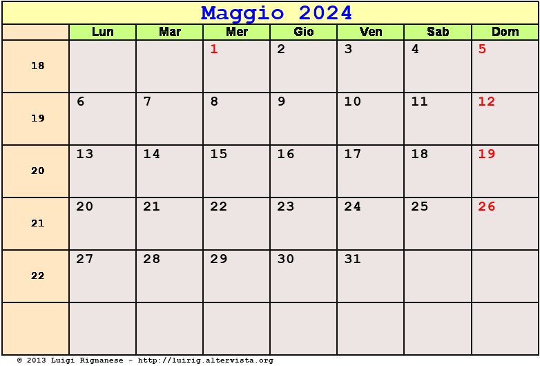 Calendario da stampare Maggio 2024